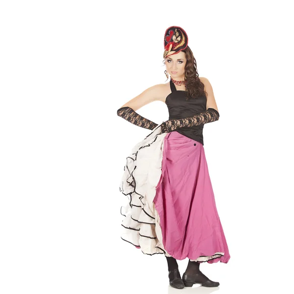 수 수에 대 한 붉은 긴 드레스와 해 학적인 댄서 — 스톡 사진