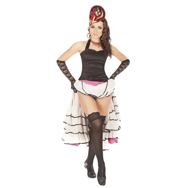 Bailarina burlesca con vestido largo rojo para can-can — Foto de Stock