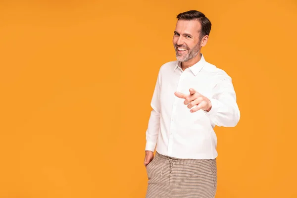 Handsome Happy Man Smiling Looking Camera Pointing His Finger You — Stock Photo, Image