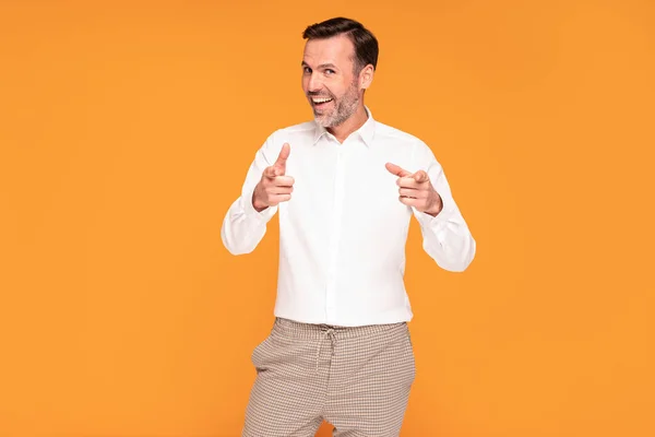 Handsome Happy Man Smiling Looking Camera Pointing His Finger You — Stock Photo, Image