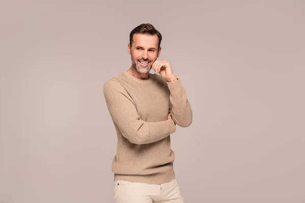 Cheerful Handsome Guy Fashionable Autumn Sweater Posing Studio Happy Bearded — Stock Photo, Image