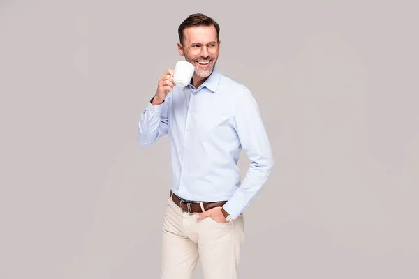 Handsome Middle Aged Man Holding Cup Hot Coffee Smiling Posing — Stock Photo, Image
