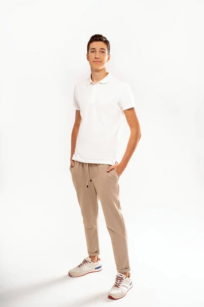 Full Length Photo Young Handsome Teenager Man Looking Camera Smile — Stock Photo, Image