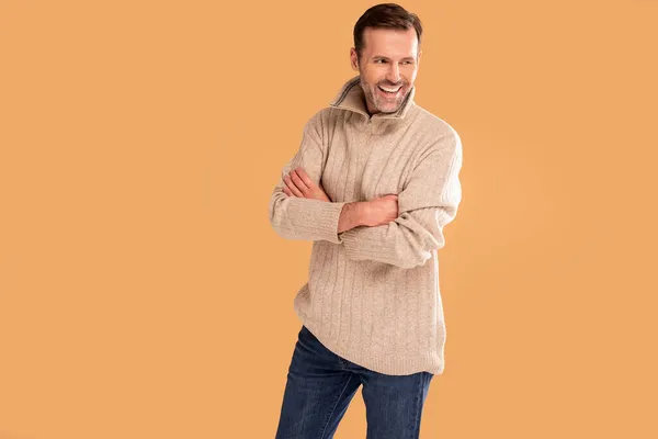 Handsome Man Beard Wearing Casual Sweater Jeans Standing Studio Background — Stock Photo, Image