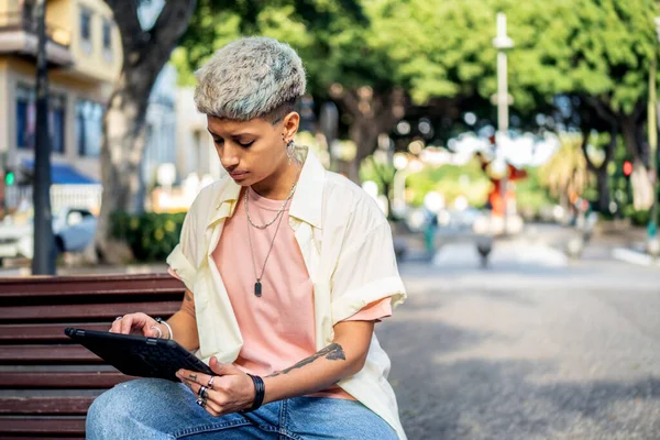 Young Fashionable Student Girl Working Her Digital Tablet Watching Something — Stock Photo, Image