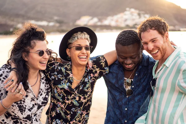 Group Happy Multiracial Friends Having Fun Together Beach Dancing Laughing — Stock Photo, Image