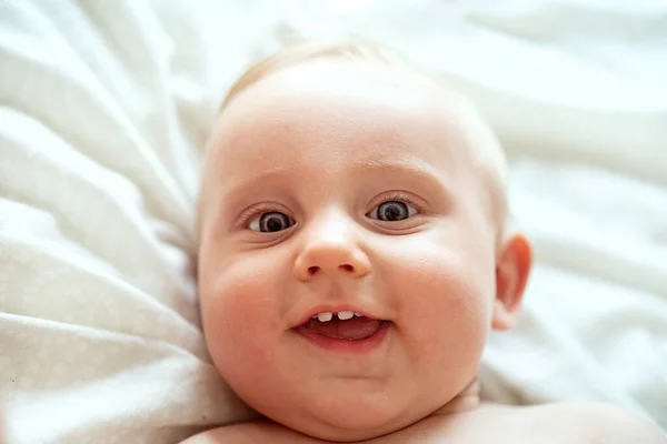 Smiling Happy Cute Baby Boy Looking Camera Showing His First — Stock Photo, Image