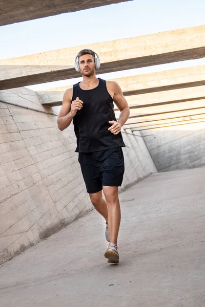 Sporty Young Man Jogging Music Headphones Morning Routine Healthy Lifestyle — Stock Photo, Image