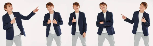 Elegant Handsome Smiling Teen Boy Five Poses Studio Kids Fashion — Zdjęcie stockowe