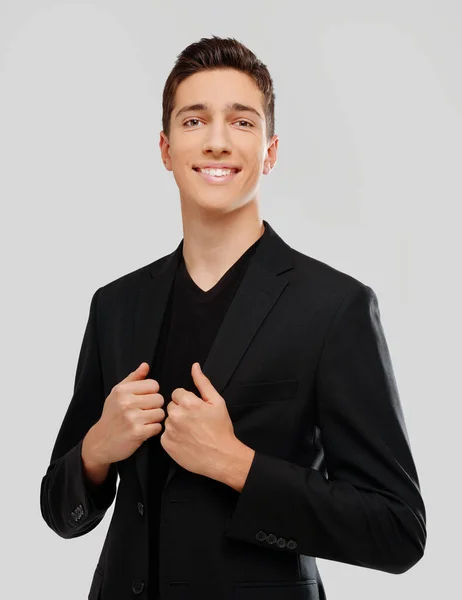 Portrait Smiling Handsome Teenage Boy Elegant Clothes Studio Shot Teen — Foto Stock