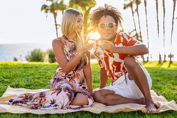 Romantik Güzel Çift Piknikte Birlikte Eğleniyor Şarap Içiyor Konuşuyor Randevudaki — Stok fotoğraf