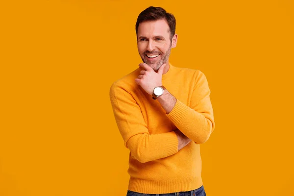 Portrait Fashionable Handsome Man Posing Yellow Studio Background Smiling Casual — Stock Photo, Image