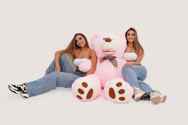Красивые Сёстры Близнецы Веселятся Вместе Обнимают Большого Розового Плюшевого Мишку — стоковое фото