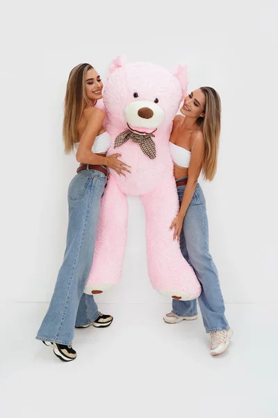 Mooie Tweeling Zussen Hebben Plezier Samen Knuffelen Grote Roze Teddybeer — Stockfoto