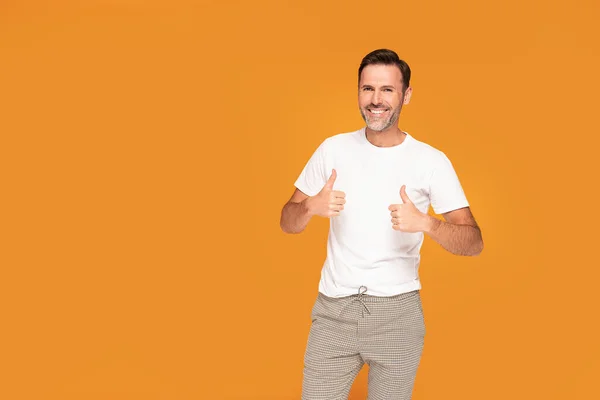Happy Handsome Adult Man Smiling Showing Okay Sign Posing Yellow — Stock Photo, Image