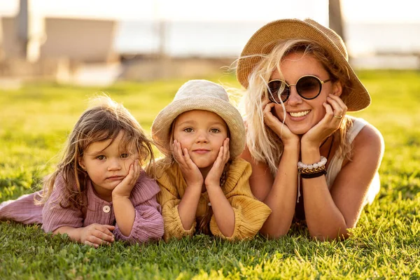 Beautiful Photo Cute Happy Little Sisters Playing Her Mother Woman — Stock Photo, Image