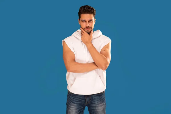 Fashionable Young Handsome Man Posing White Tank Top Hood Blue — Stock Photo, Image