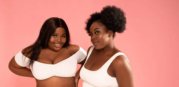 Duas Amigas Bonitas Divertindo Juntas Estúdio Mulheres Afro Posando Fundo — Fotografia de Stock