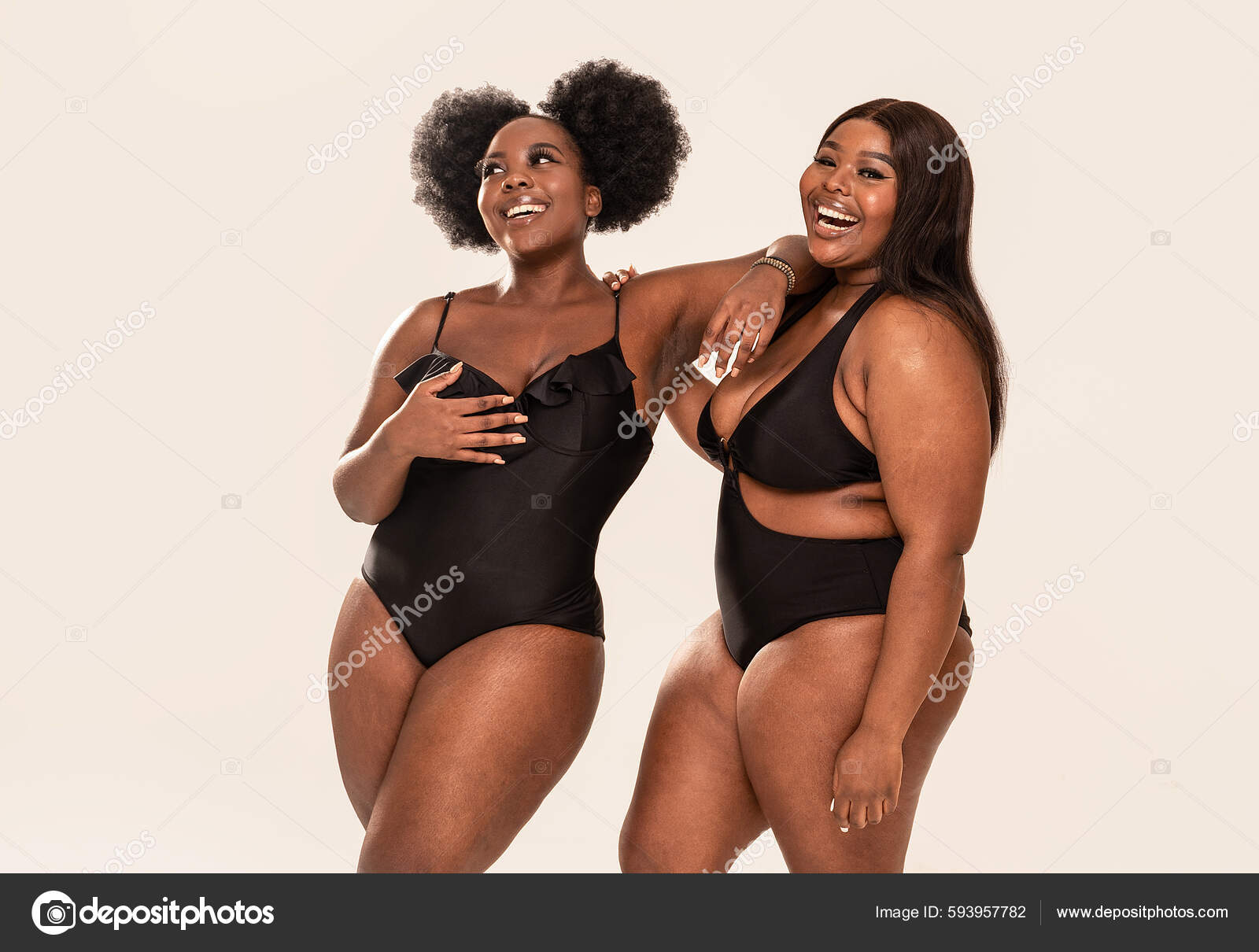 Two Smiling Beautiful Female Models Black Fashionable Swimsuit