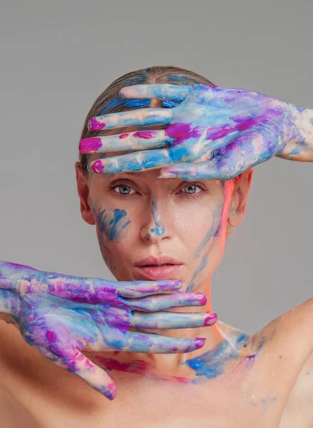 Beauty Art Portrait Female Painter Colorful Paints Hands Face Woman —  Fotos de Stock