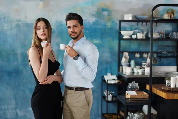 Attractive Elegant Couple Enjoying Early Morning Coffee Standing Espresso Hands Royalty Free Stock Obrázky