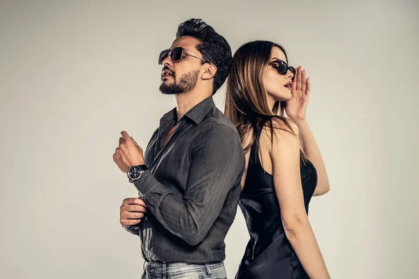 Fashion Photo Handsome Young Couple Posing Sunglasses Studio Shot Personal — Fotografia de Stock