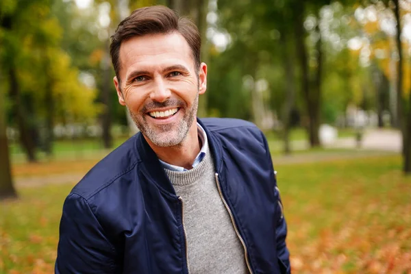 Portrait Happy Handsome Man Smiling Camera Outdoor Autumn Walk Real — Stock Photo, Image