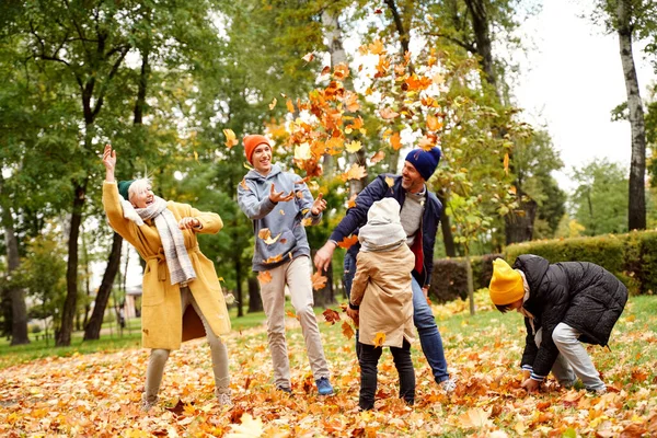 Счастливая Семья Пяти Человек Веселится Золотом Парке Автум Бросая Листья — стоковое фото