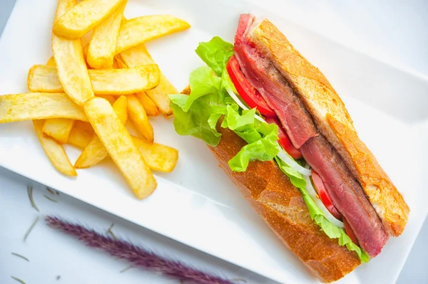 Сэндвич с говядиной и картошка фри на белом блюде — стоковое фото