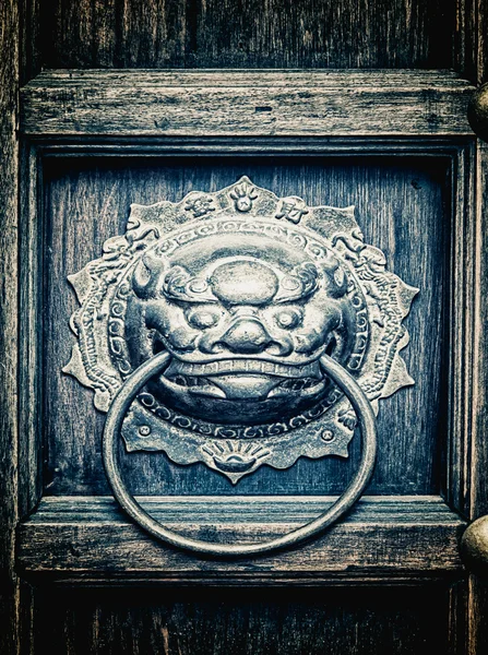 Lion head door knocker with ring in its mouth — Stock Photo, Image