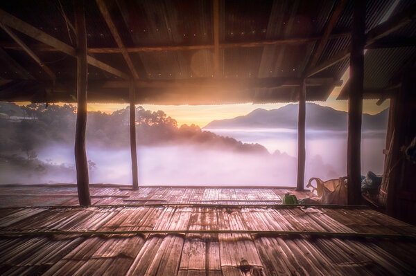 sunrise view in strawberry plantation hut at doi angkhang , chia