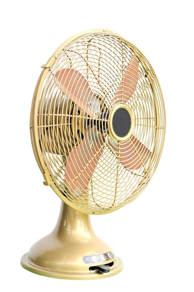 Ventilador elétrico amarelo vintage no fundo branco — Fotografia de Stock