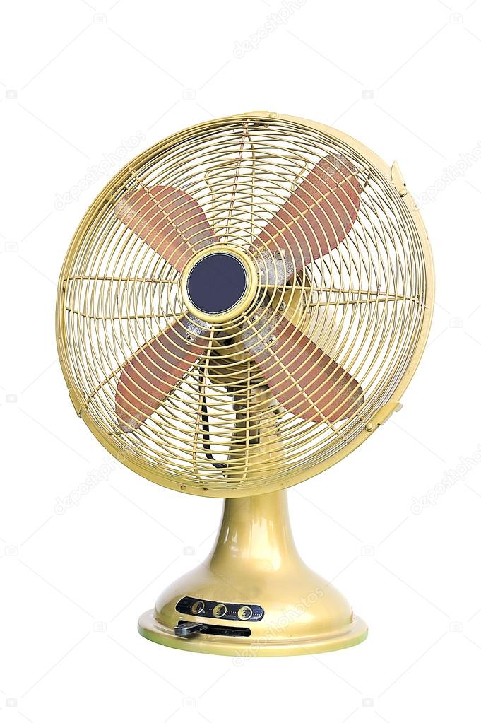 vintage yellow electric fan on white background 