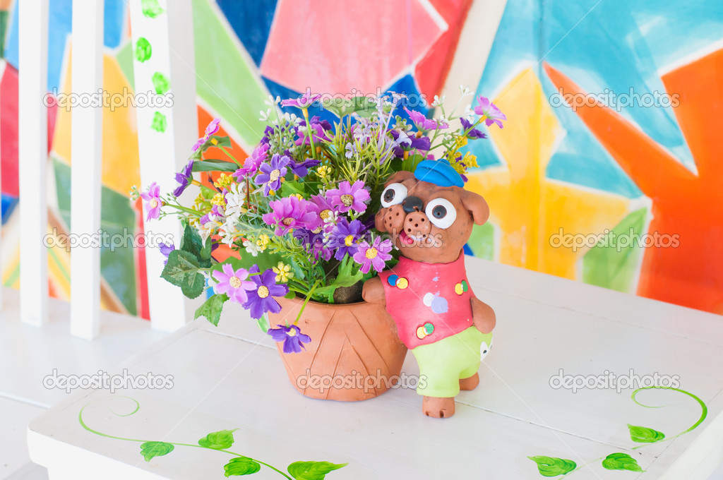 artificial flowers bouquet arrange wite dog doll for decoration 