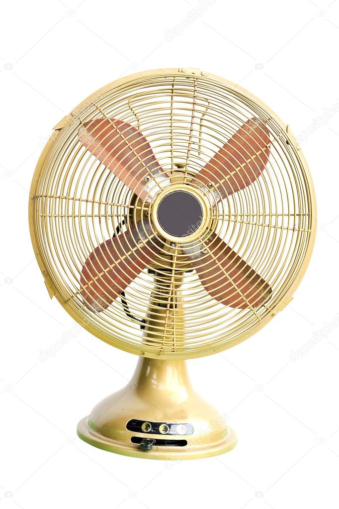vintage yellow electric fan on white background 