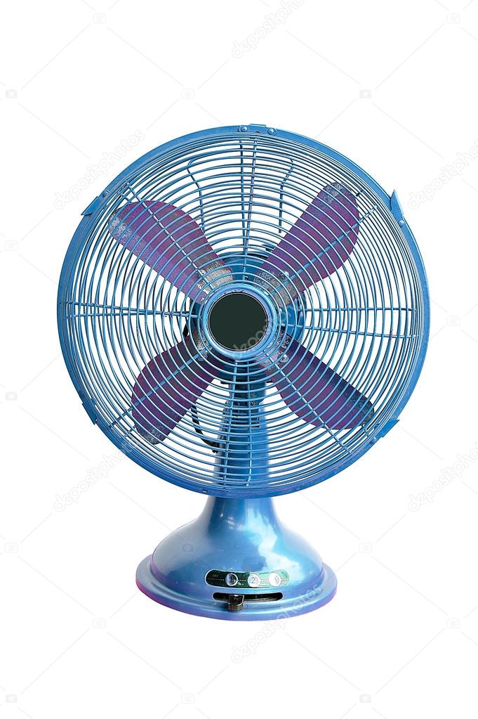 vintage blue electric fan on white background  