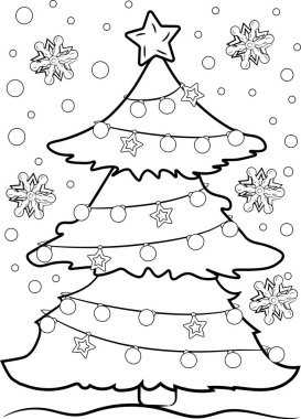 Kış boyama kitabı, Noel boyama kitabı, oyuncaklı Noel ağacı, kışın Noel ağacında çocuk boyama kitabı oyuncakları, yılbaşı ağacı