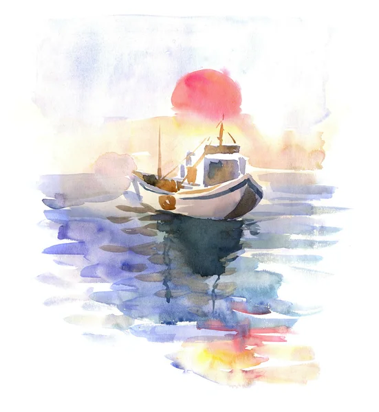 Watercolor Sketch Boat — Stock Photo, Image