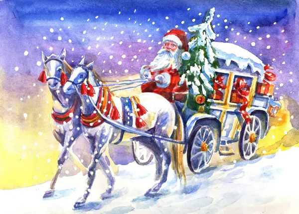 Jultomten i en vagn med häst Stockfoto