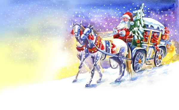 Jultomten i en vagn med häst Stockbild