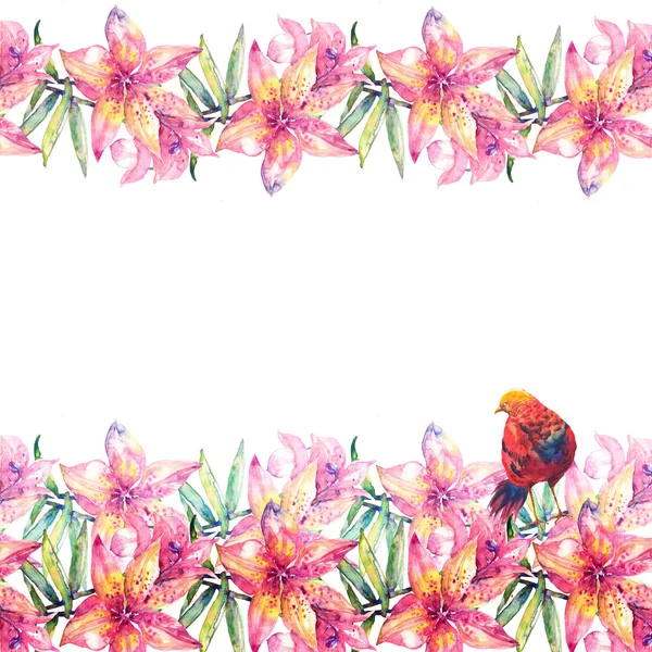 Lily blommor och fågel garland — Stockfoto