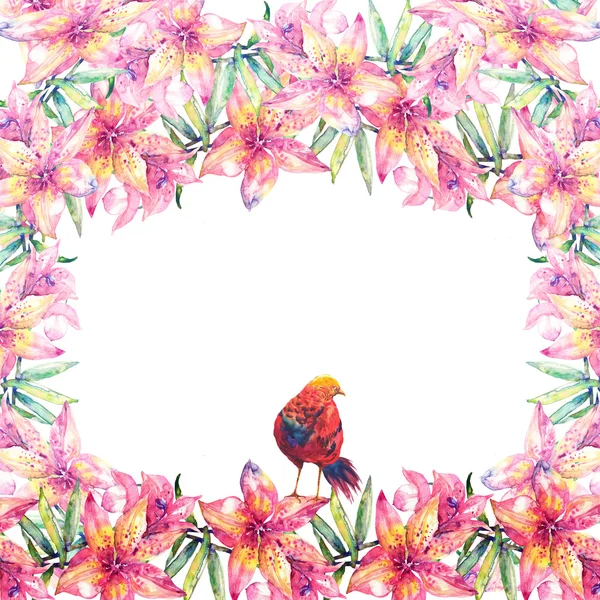 ユリの花と鳥の花輪 — ストック写真