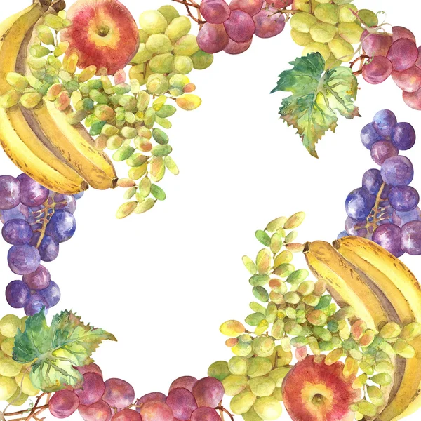 Piękne winogrona, brzoskwinie, banany — Zdjęcie stockowe