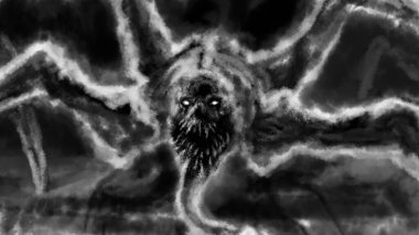 Vile creature crawls out darkness and opens its mouth. Scary monster with tentacles and claws. Illustration in horror fiction genre. Grunge, coal and noise effects. Black and white background. clipart
