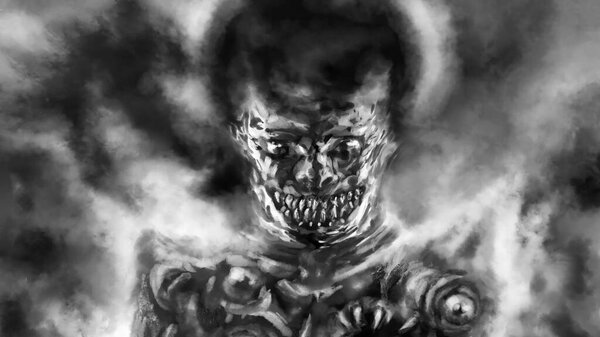 Scary devil emerge from fog and look with evil eyes. Spooky monster illustration in horror fantasy genre. Gloomy character from nightmares. Coal and noise effect. Black and white background colors.