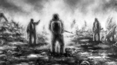 Kimyasal korumalı üç asker yanmış topraklarda giysi giyiyor. Harabelerle dolu ölü topraklar. Dünya 'nın sonu ve nükleer savaştan sonraki yaşam. Ürkütücü bir illüstrasyon. Korku kurgu türü. Kömür ve gürültü etkisi.