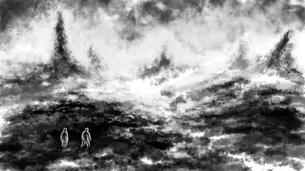二人が焦土の上を歩いている 廃墟と化した死んだ土地 不気味なイラスト ホラーファンタジージャンル 悪夢からの悲観的な性格 石炭騒音効果 白黒の背景 ストック画像