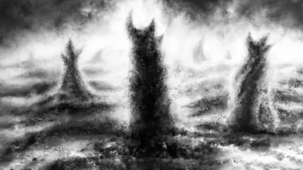 邪悪な影の鬼 暗い丘の中の悲観的なシルエット 廃墟のような不気味なイラストで死んだ土地 ホラーファンタジージャンル 悪夢からの悲観的な性格 石炭騒音効果 黒白の背景 — ストック写真