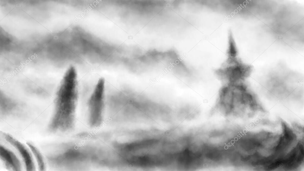 Two people walking on scorched earth. Gloomy silhouettes. Dead lands with ruins spooky illustration. Horror fantasy genre. Gloomy character from nightmares. Coal noise effect. Black white background.