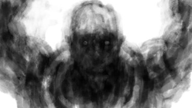 Kötü zombi astronot elleri havada saldırıyor. Korku kurgu türünde ürkütücü bir illüstrasyon. Kömür ve gürültü etkisi. Siyah ve beyaz.